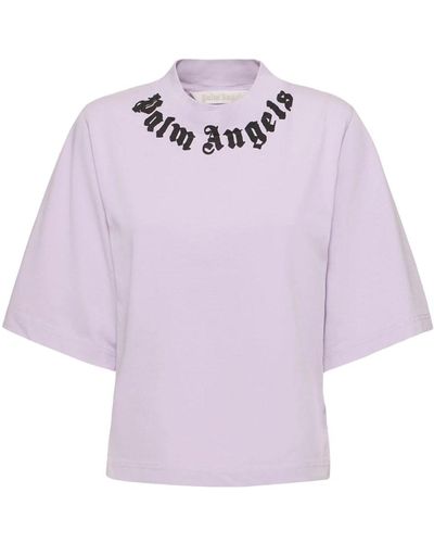 Palm Angels Cropped Cotton T-Shirt With Logo - Purple