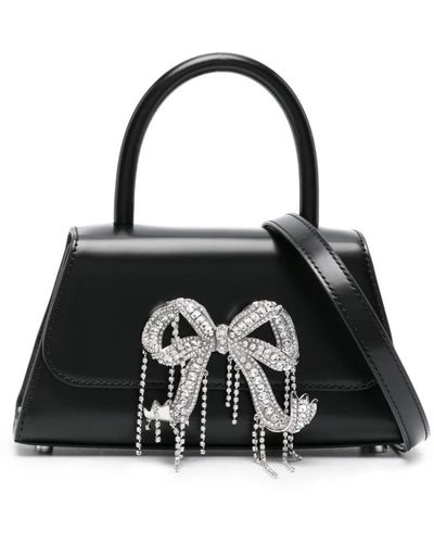 Self-Portrait Bow Mini Leather Tote Bag With Crystal Details - Black