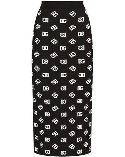 Dolce & Gabbana Midi Skirt With Jacquard Logo - Black