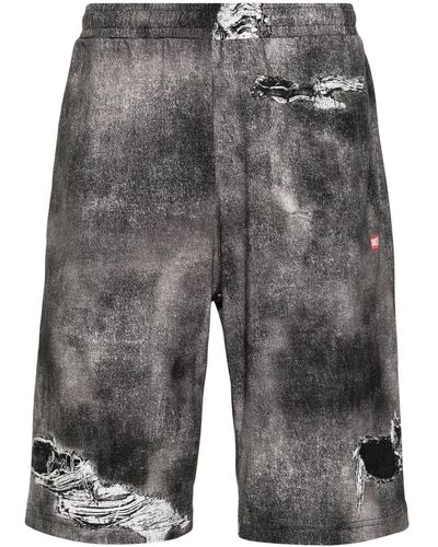 DIESEL Cotton Sports Shorts With Distressed Effect Print - Grey