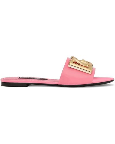 Dolce & Gabbana Slide Sandals With Logo Plaque - Pink