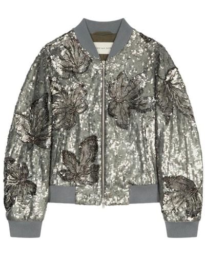 Dries Van Noten Slim Fit Bomber Jacket With Sequin Decoration - Gray