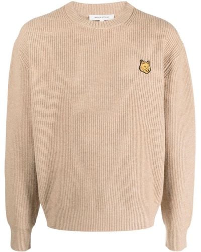 Maison Kitsuné Fox-Patch Ribbed-Knit Sweater - Natural