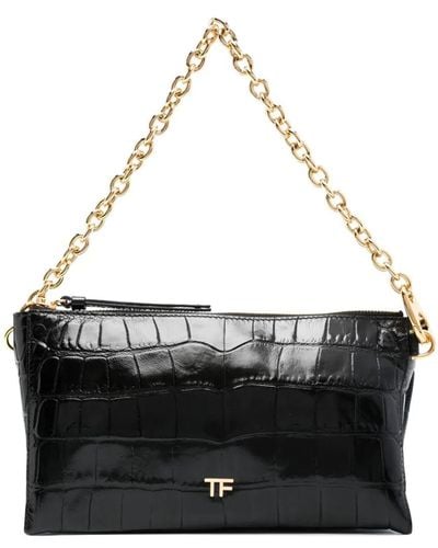 Tom Ford Mini Shoulder Bag With Crocodile Effect - Black