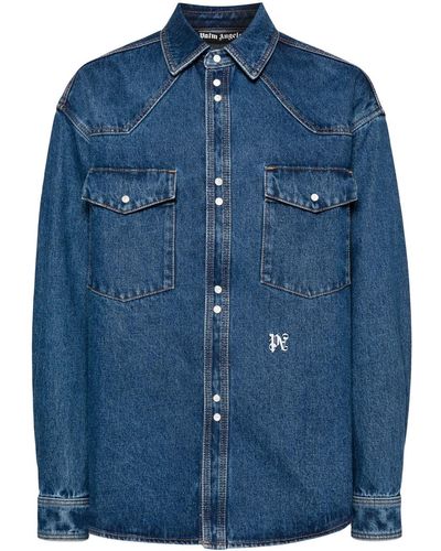 Palm Angels Denim Shirt With Embroidery - Blue