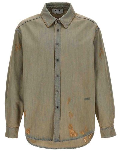 MSGM Stone Wash Denim Shirt Shirt, Blouse - Green