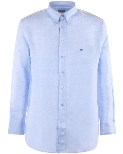 Etro Embroidered Logo Linen Shirt - Blue