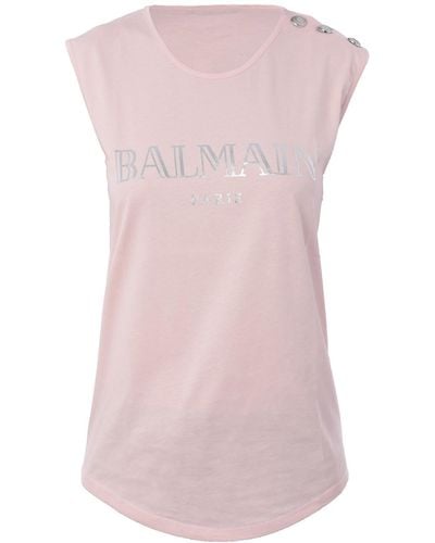 Balmain Logo Print Cotton Tank Top - Pink