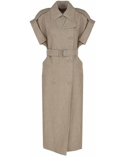 Max Mara Long Trench Coat In Heavy Pure Linen - Natural