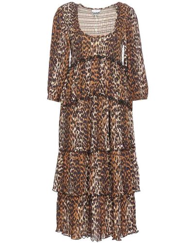 Ganni Leopard Print Midi Dress - Brown