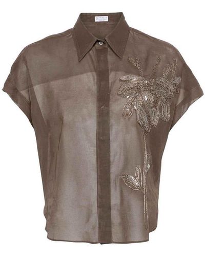Brunello Cucinelli Floral Embroidery Shirt - Brown