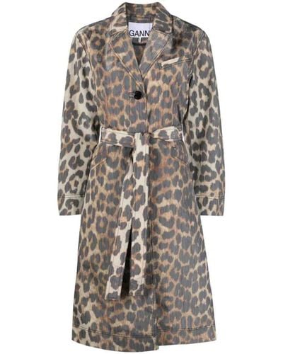 Ganni Leopard Print Coat - Grey