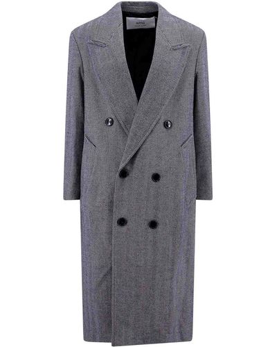 Ami Paris Virgin Wool Coat With Herringbone Motif - Grey