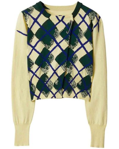 Burberry Argyle-intarsia Cropped Cotton Sweater - Blue