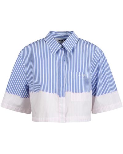 MSGM Short Sleeve Crop Shirt In Poplin - Blue