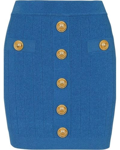 Balmain Buttoned-short-knit-pencil-skirt - Blue