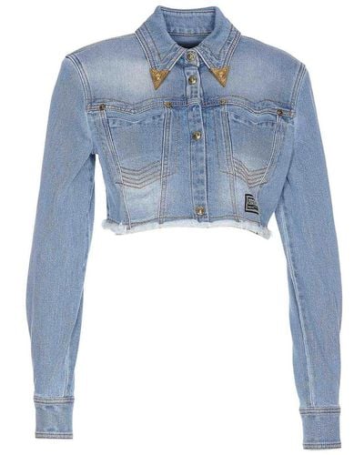 Versace Denim Jacket Button Classic Collar Cropped - Blue