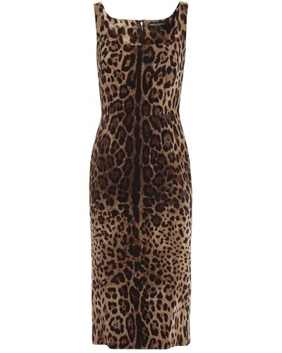 Dolce & Gabbana Stretch Silk Leo Print Sleeveless Dress - Brown