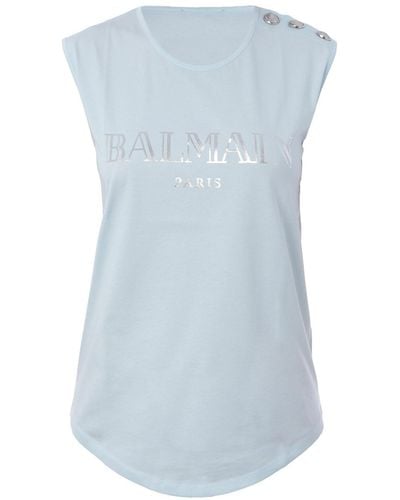 Balmain Logo Print Cotton Tank Top - Blue
