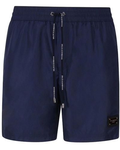 Dolce & Gabbana Swim Shorts With Metal Logo Plate - Blue