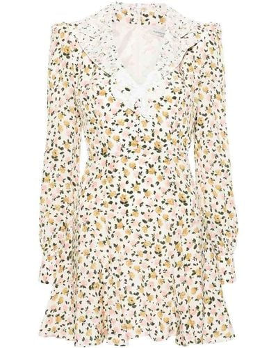 Alessandra Rich Flower Print Silk Short Dress - White