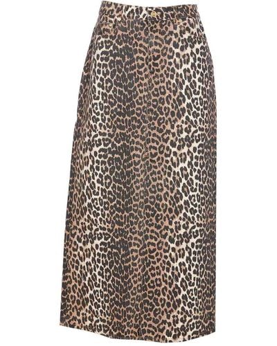 Ganni Leopard Denim Maxi Slit Skirt - Brown