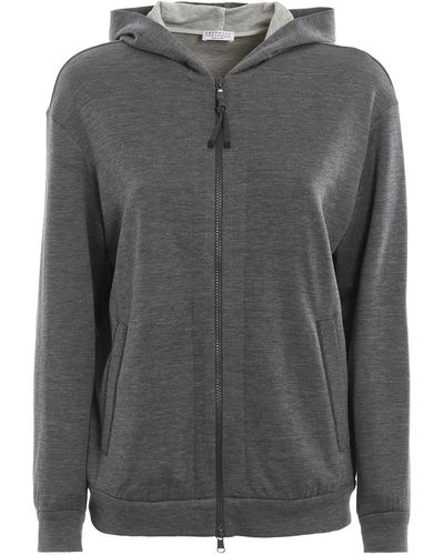 Brunello Cucinelli Brass Inserts Cotton And Silk Hoodie - Gray