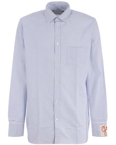 Golden Goose Logo Patch Striped Cotton Shirt With Pocket - Blue