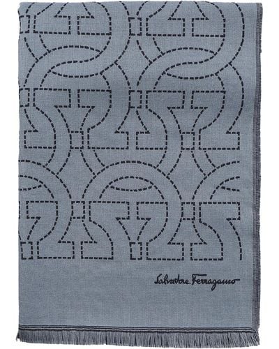 Ferragamo Wool Scarf With Gancini Logo - Blue