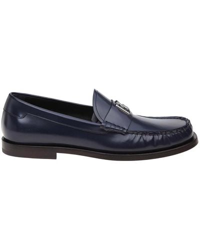 Dolce & Gabbana Leather Moccasin With Dg Logo - Blue