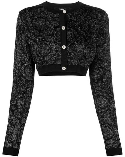 Versace Barocco Texture Knit Cropped Cardigan - Black