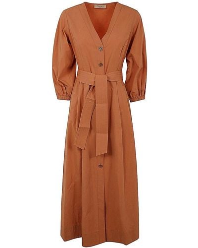 Twin Set Baloon Sleeve Belted Dress - Brown