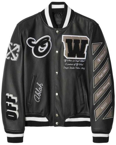 Off-White c/o Virgil Abloh Leather Varsity Jacket - Black