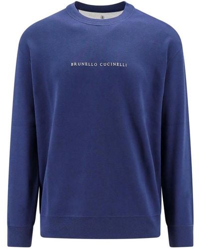 Brunello Cucinelli Cotton Sweatshirt With Embroidered Logo - Blue
