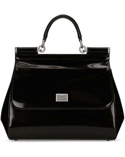 Dolce & Gabbana Sicily Large Shiny Leather Handbag - Black