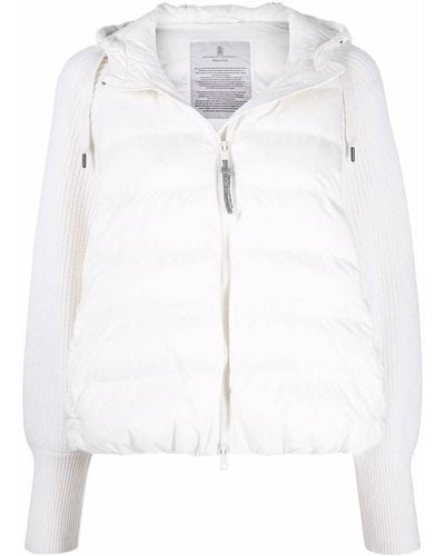 Brunello Cucinelli Knitted-sleeve Hooded Puffer Jacket - White
