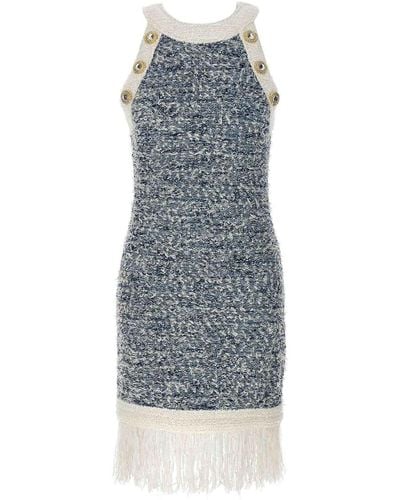 Balmain Fringed Tweed Dress - Blue