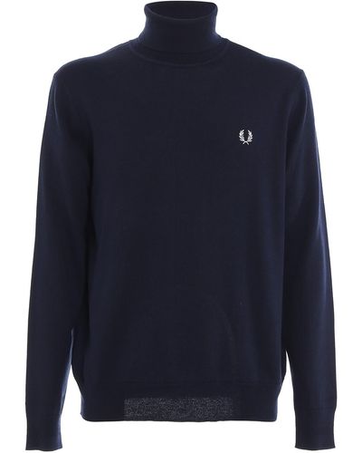 Fred Perry Wool Cotton Blend Turtleneck Jumper - Blue