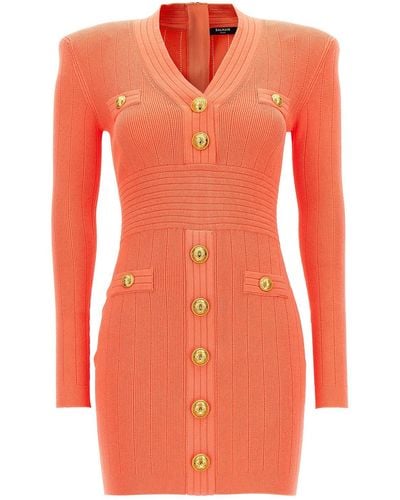 Balmain Logo Button Knitted Dress - Orange