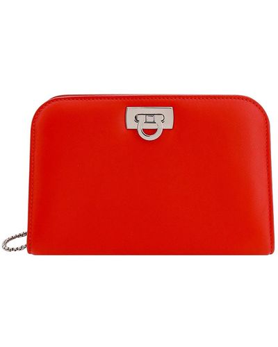 Ferragamo Leather Shoulder Bag Gancini Detail - Red