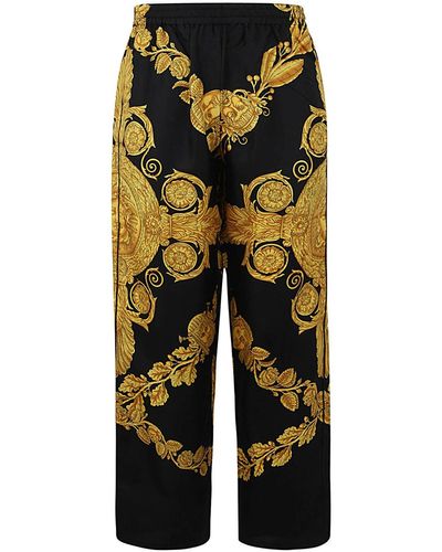 Versace Twill Silk Trousers With Print Details - Yellow
