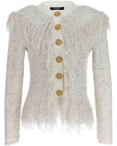 Balmain Glittered Fringed Short Jacket - White