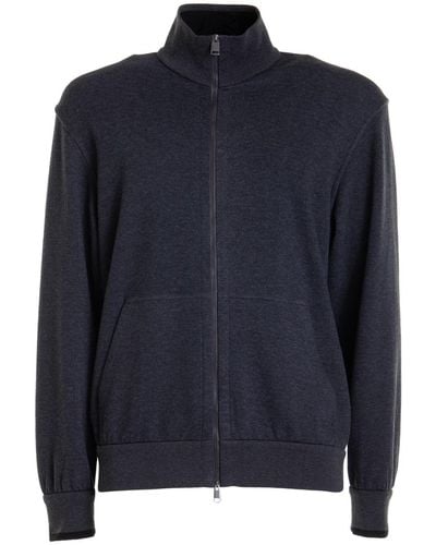 Brioni Cotton Sweatshirt With High Collar And Zip - Blue