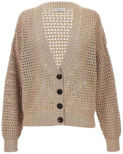 Brunello Cucinelli Sequin Knit Cardigan Sweater, Cardigans - Natural