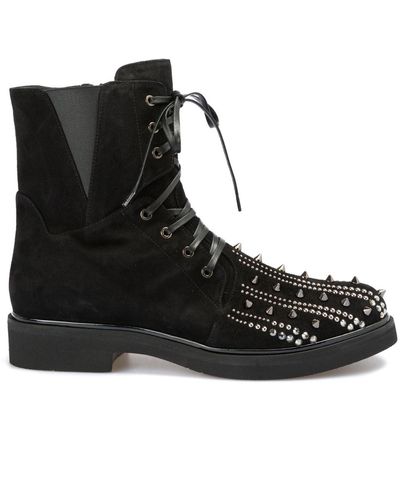 Loriblu Studded Toe Laced-up Suede Combat Boots - Black