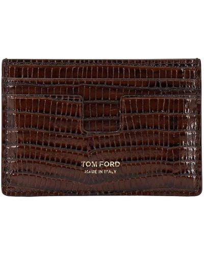Tom Ford Leather Card Holder With Reptile Print - Brown