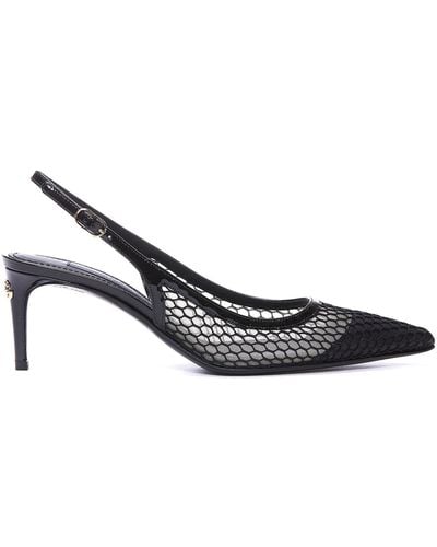 Dolce & Gabbana Slingback Court Shoes With Net And Logo On Heel - White