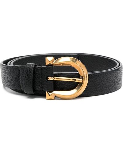 Ferragamo Hammered Leather Belt With Gold-tone Buckle - Black