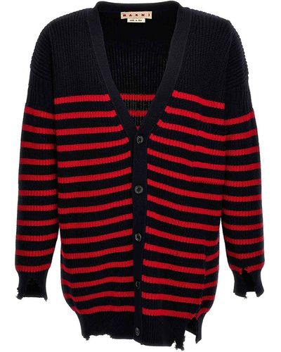 Marni Destroyed Effect Striped Cardigan Sweater, Cardigans - Red