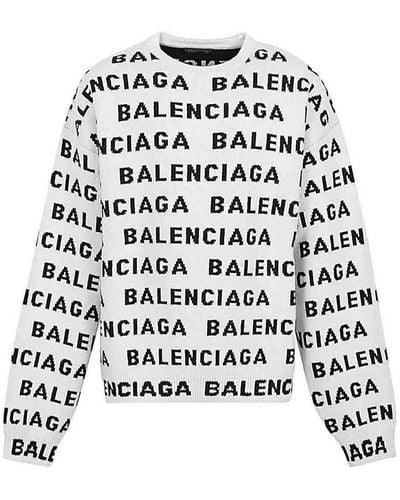 Balenciaga Allover Logo Wool Blend Crewneck Jumper - White
